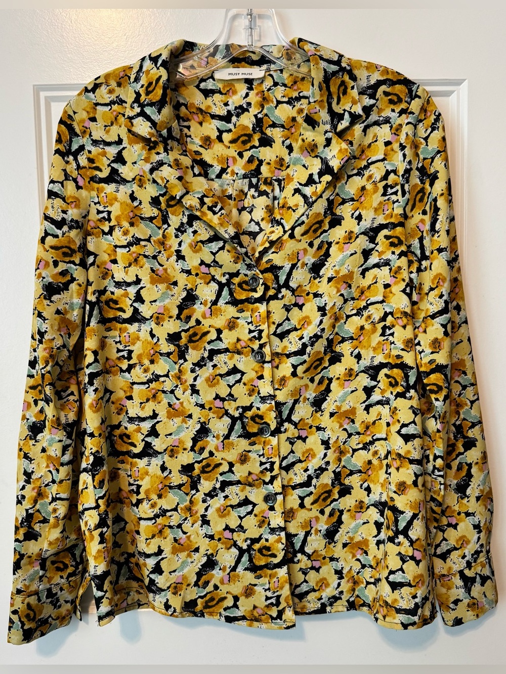 Musy Muse Yellow Floral Button Front Blouse  Small Long Sleeve Lightweight Top